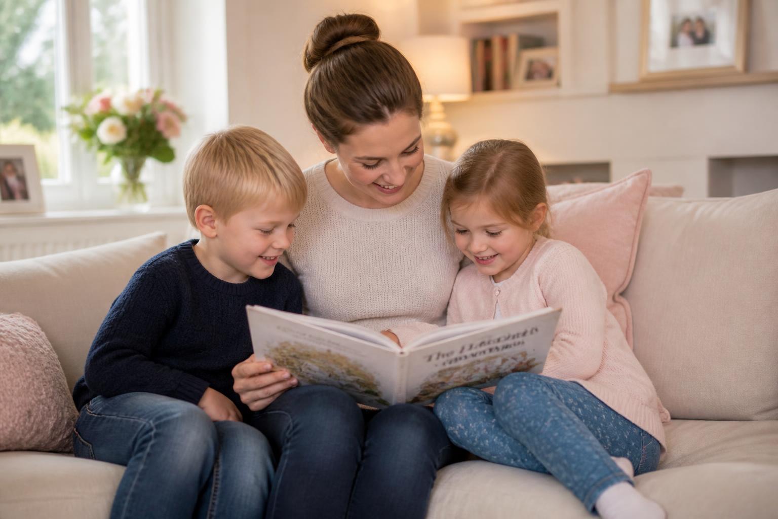 Nanny reading with two happy children on a sofa
