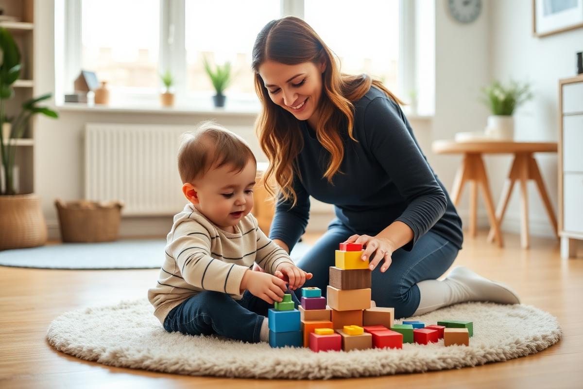 Nanny playing with a young child at home